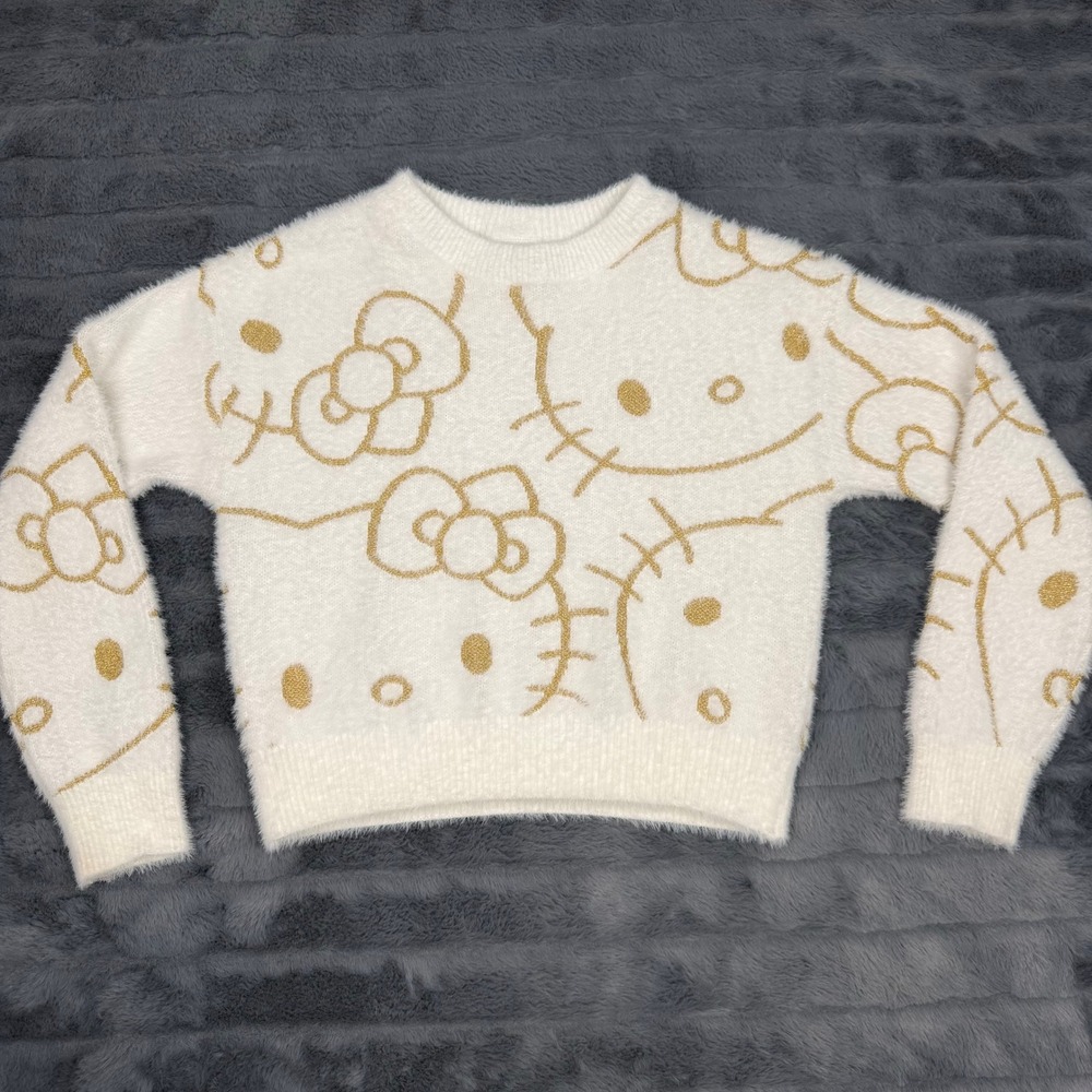 Sanrio Hello Kitty Girls Fuzzy Sweater Cream Gold Metallic M 7/8 FL256203HE